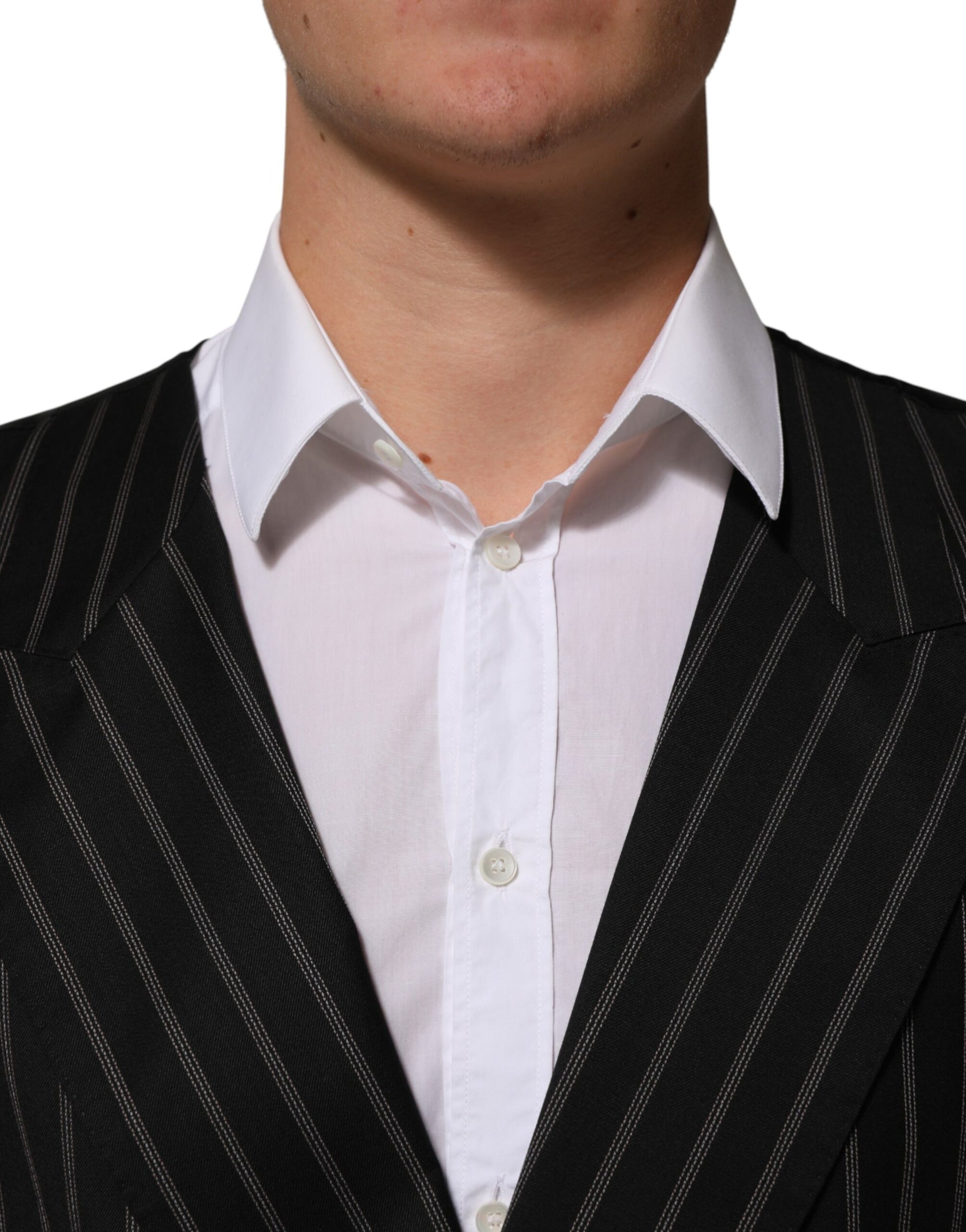 A black wool vest with stripe pattern, part of a men's suit