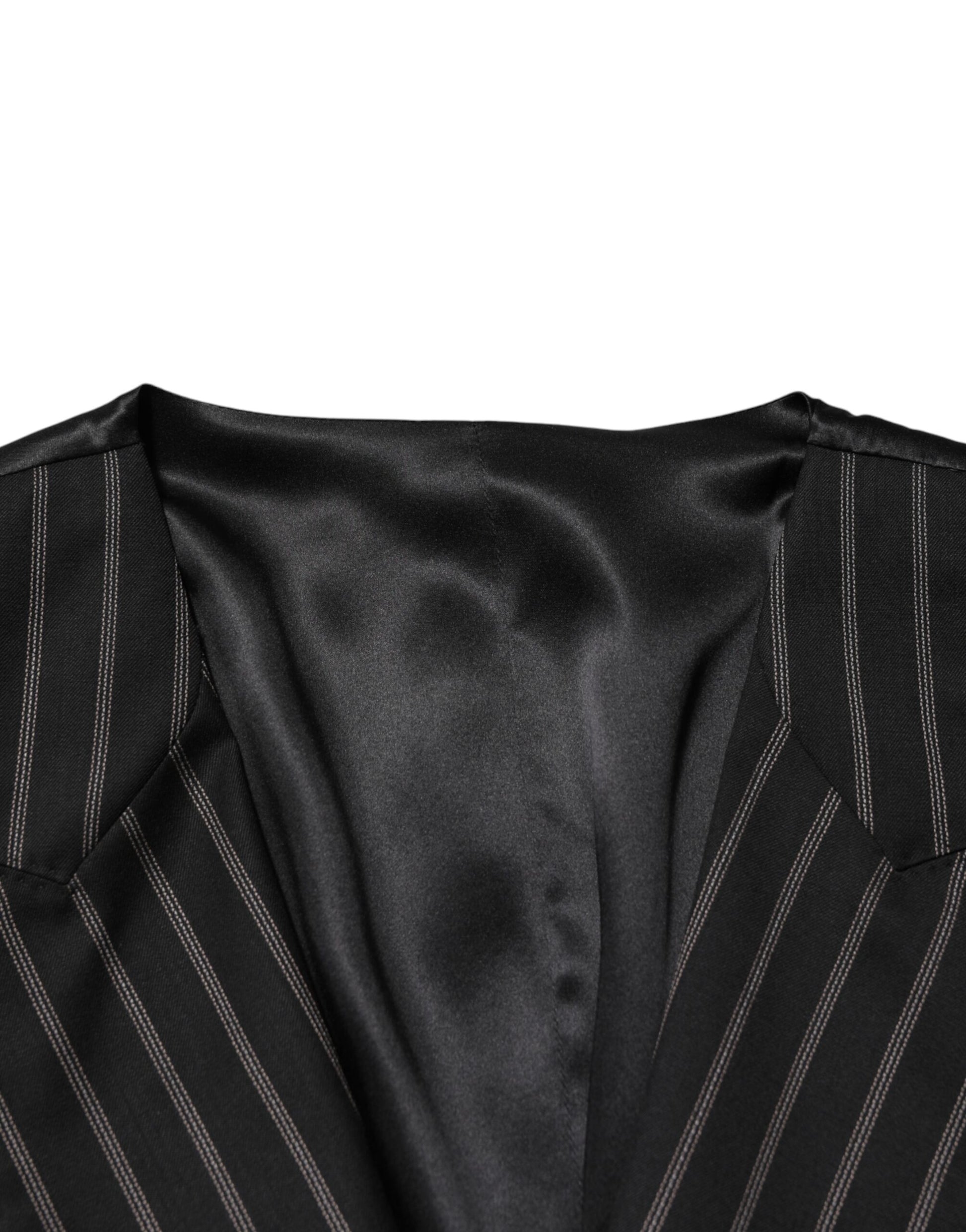 A black wool vest with stripe pattern, part of a men's suit