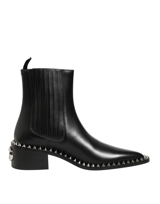 Black leather boot with studded detailing on heel