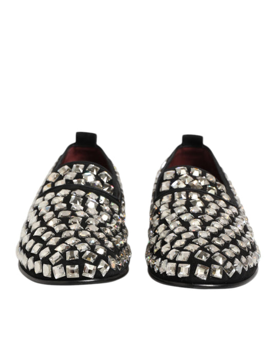 A pair of black suede loafers with crystal embellishments, designed by Dolce & Gabbana for men's dress shoes