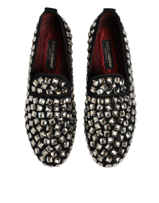 Pair of black suede loafers with crystal embellishments, men's dress shoes