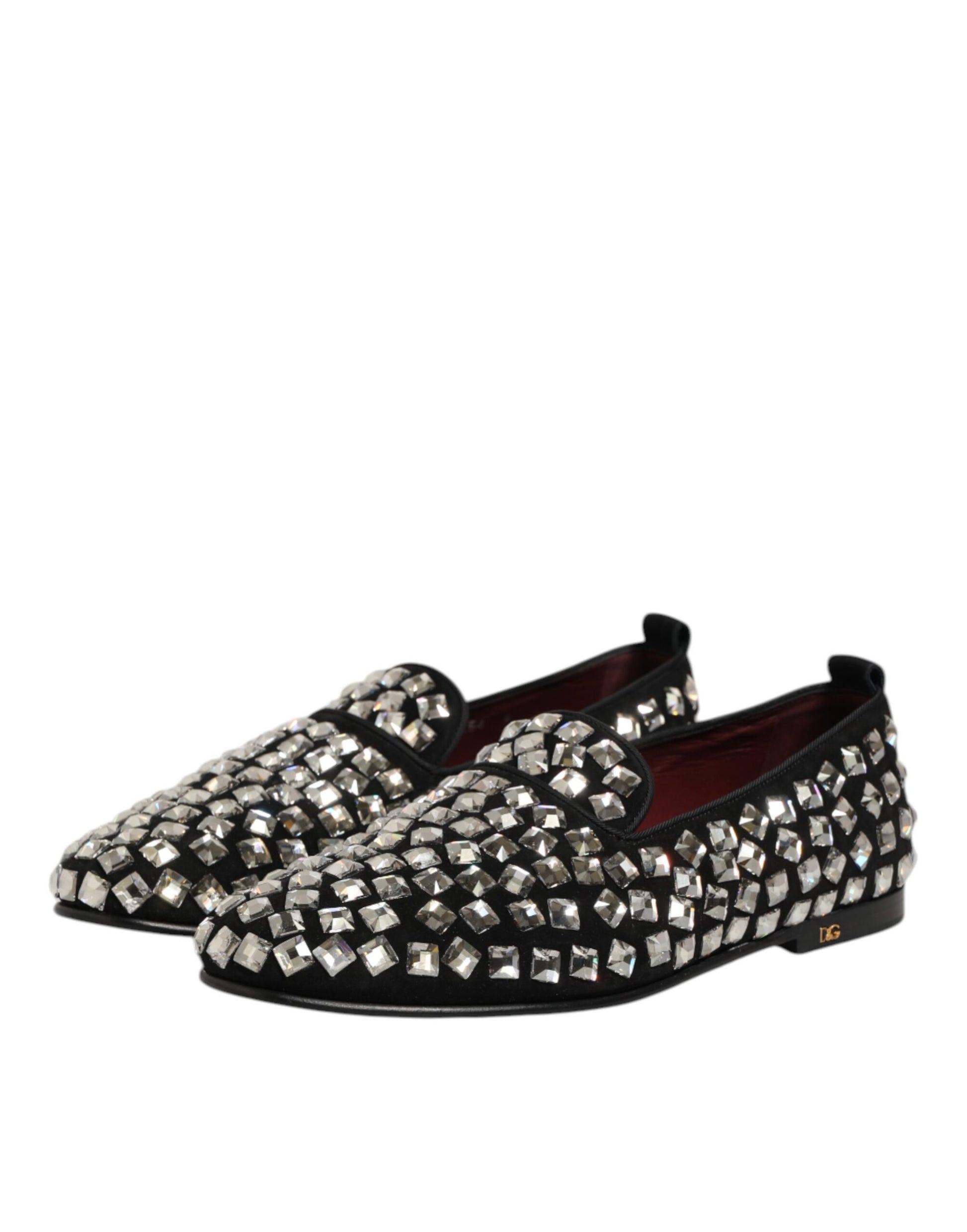 A pair of black suede loafers with crystal embellishments, designed by Dolce & Gabbana for men's dress shoes