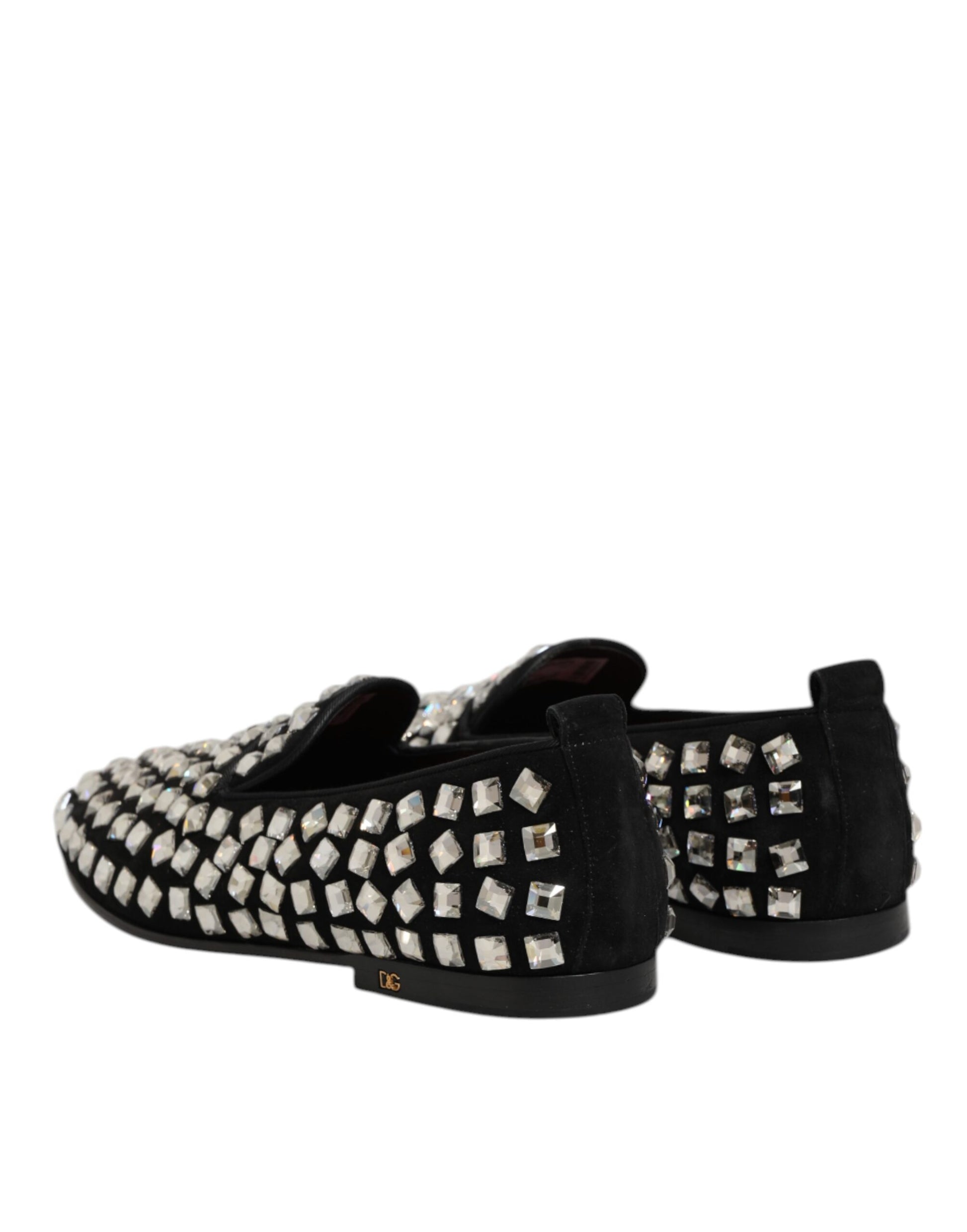 A pair of black suede loafers with crystal embellishments, designed by Dolce & Gabbana for men's dress shoes