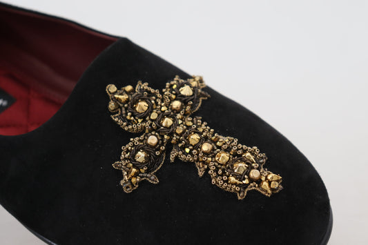 Pair of black velvet shoes with gold embroidery and studs