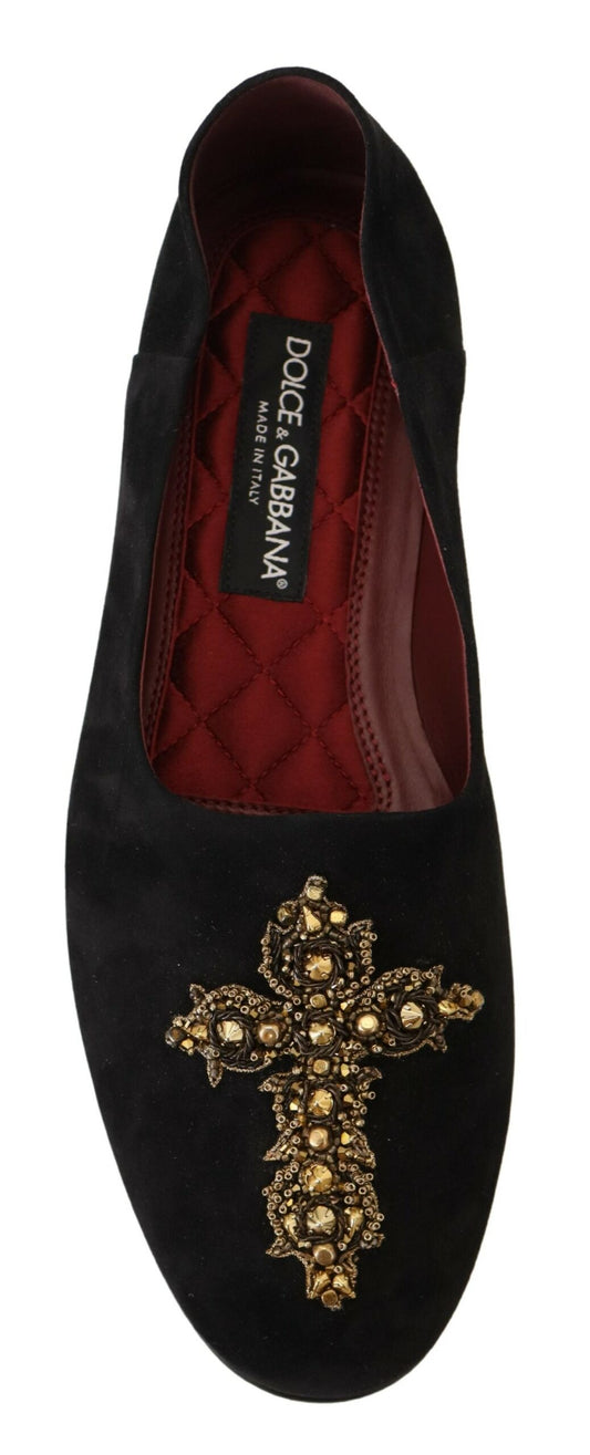 Black velvet loafer with gold cross embellishment on toe