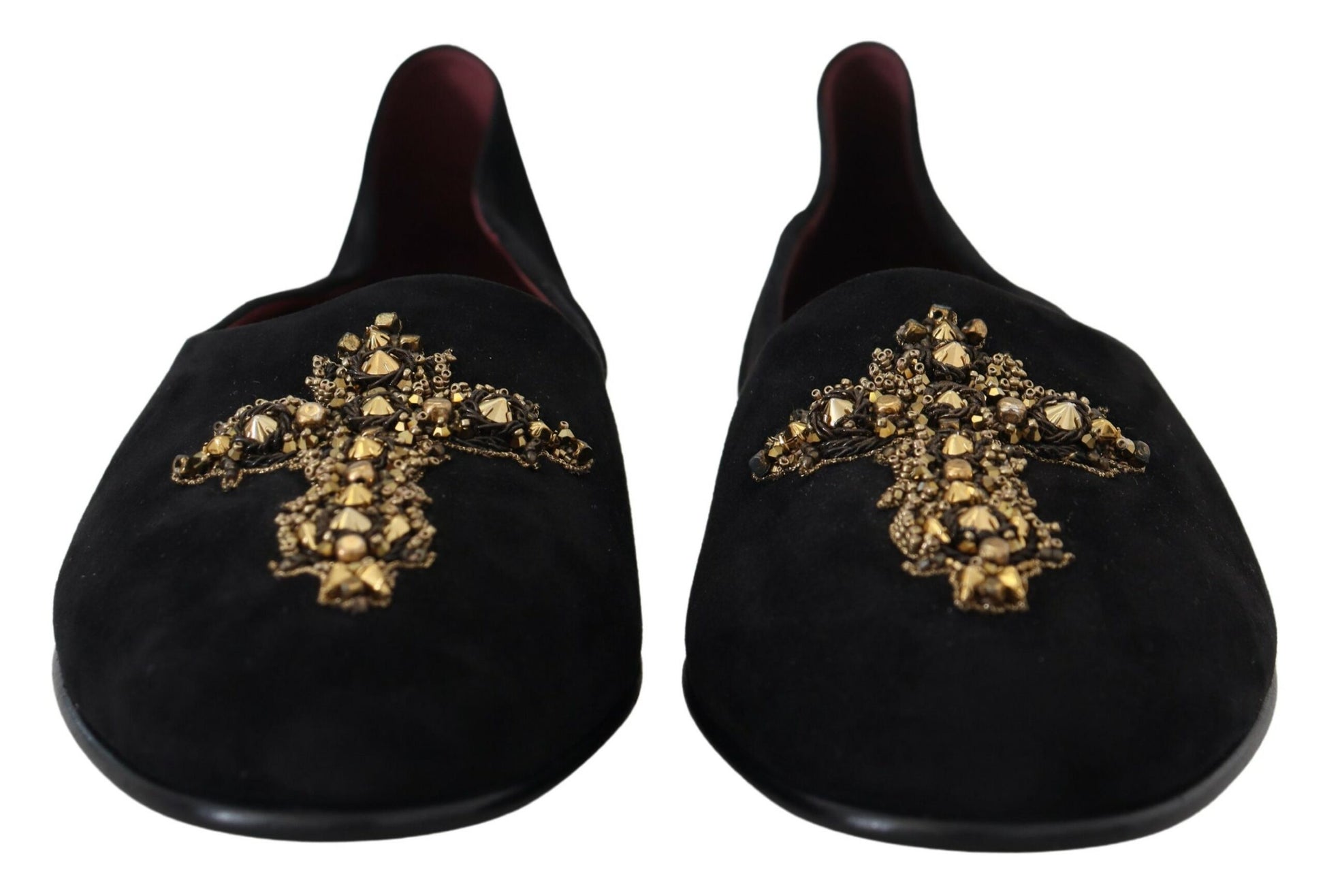 Pair of black velvet slippers with gold embroidery and cross design on top