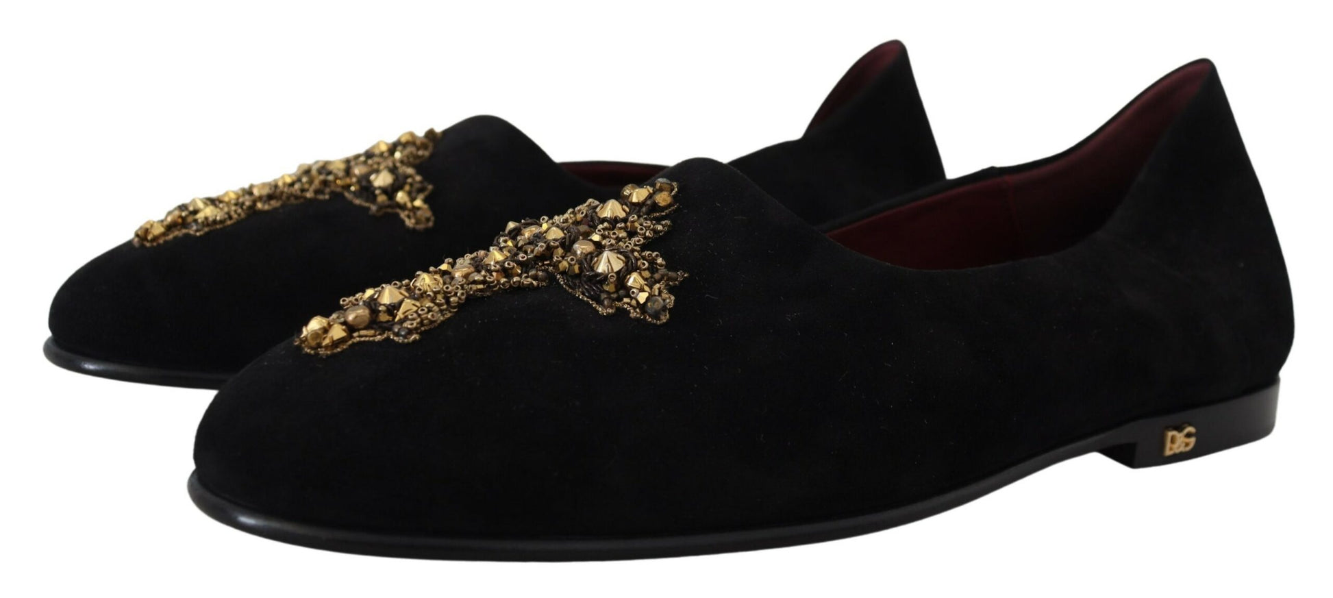 Pair of black velvet shoes with gold embroidery and red soles