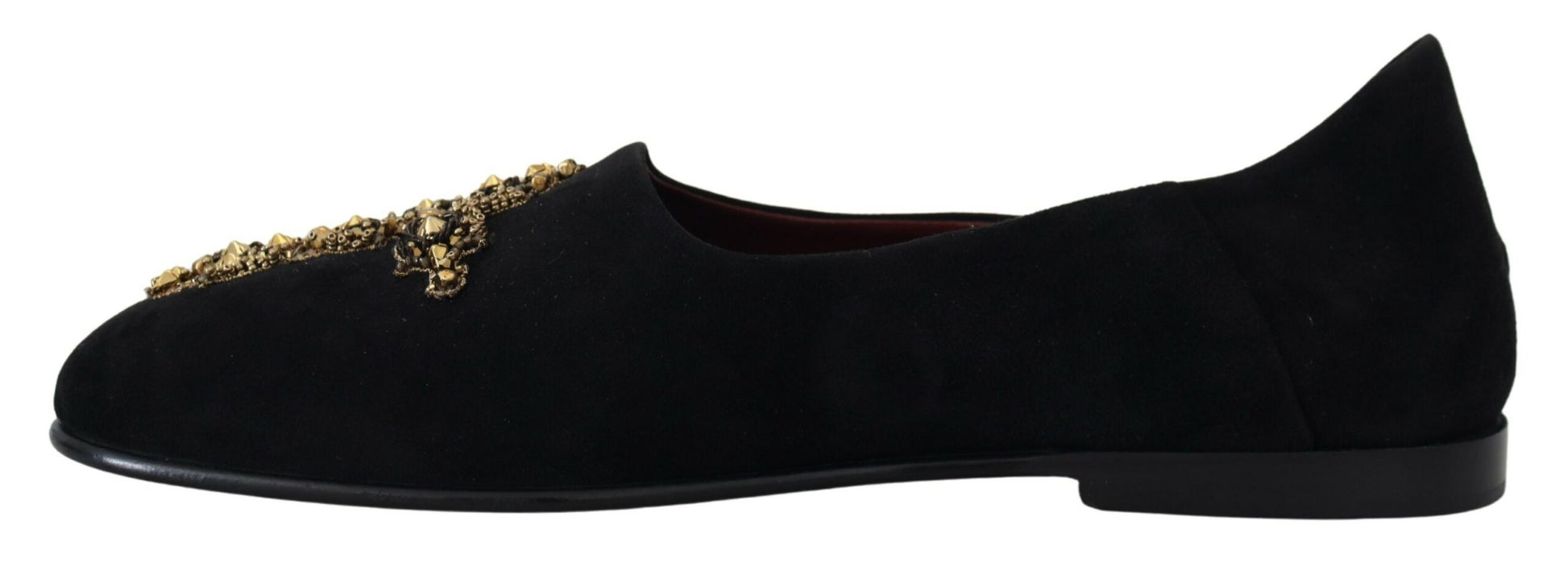 Pair of black velvet shoes with gold embroidery and heels