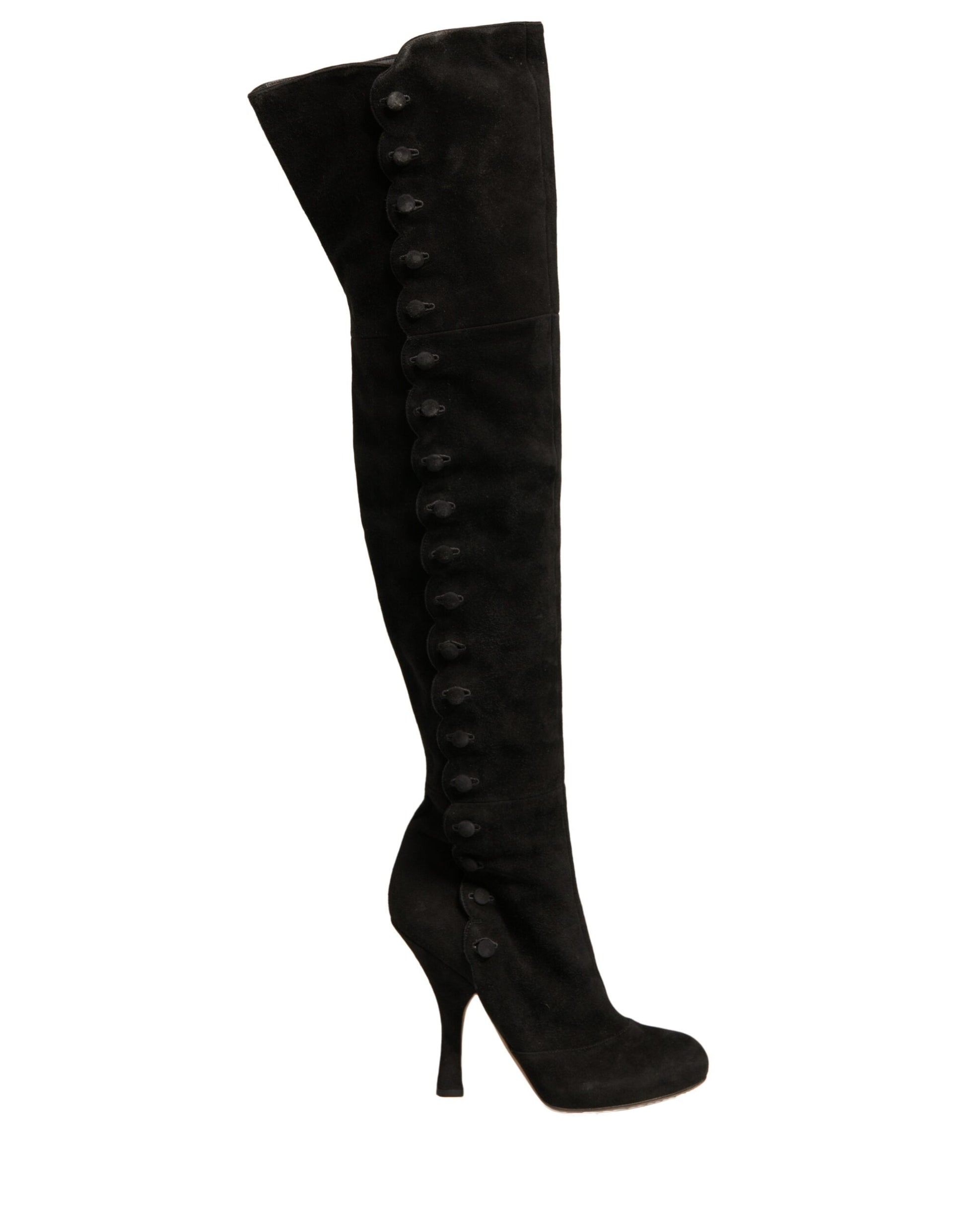 Tall black leather boot with laces and heel
