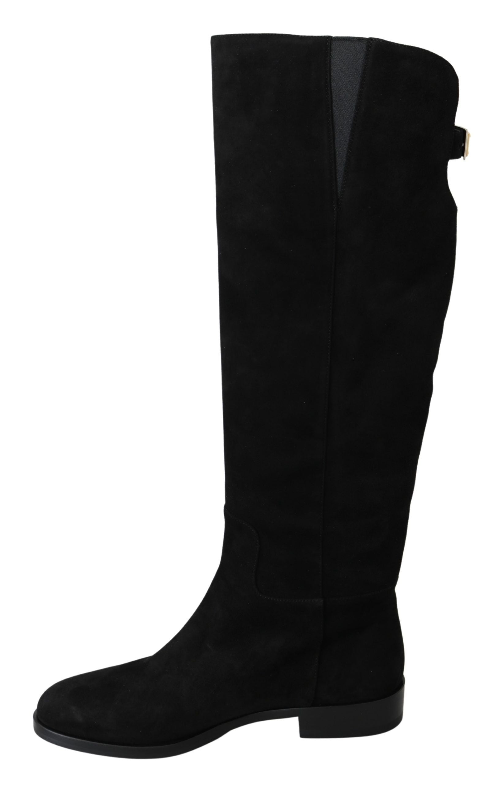 Black knee high boot with elastic panels and a pull tab at the back for ease of wear