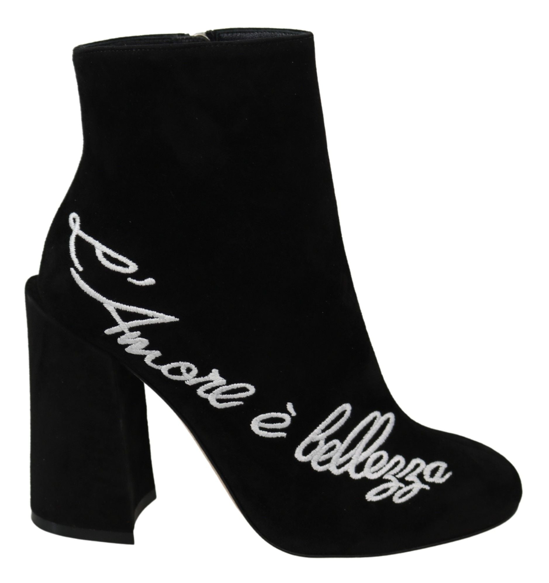 Black suede ankle boot with embroidered white cursive writing