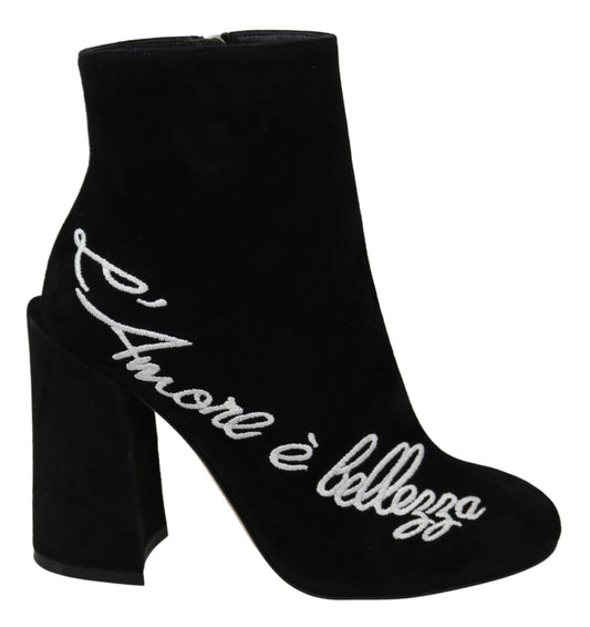 Black suede ankle boot with embroidered white cursive writing