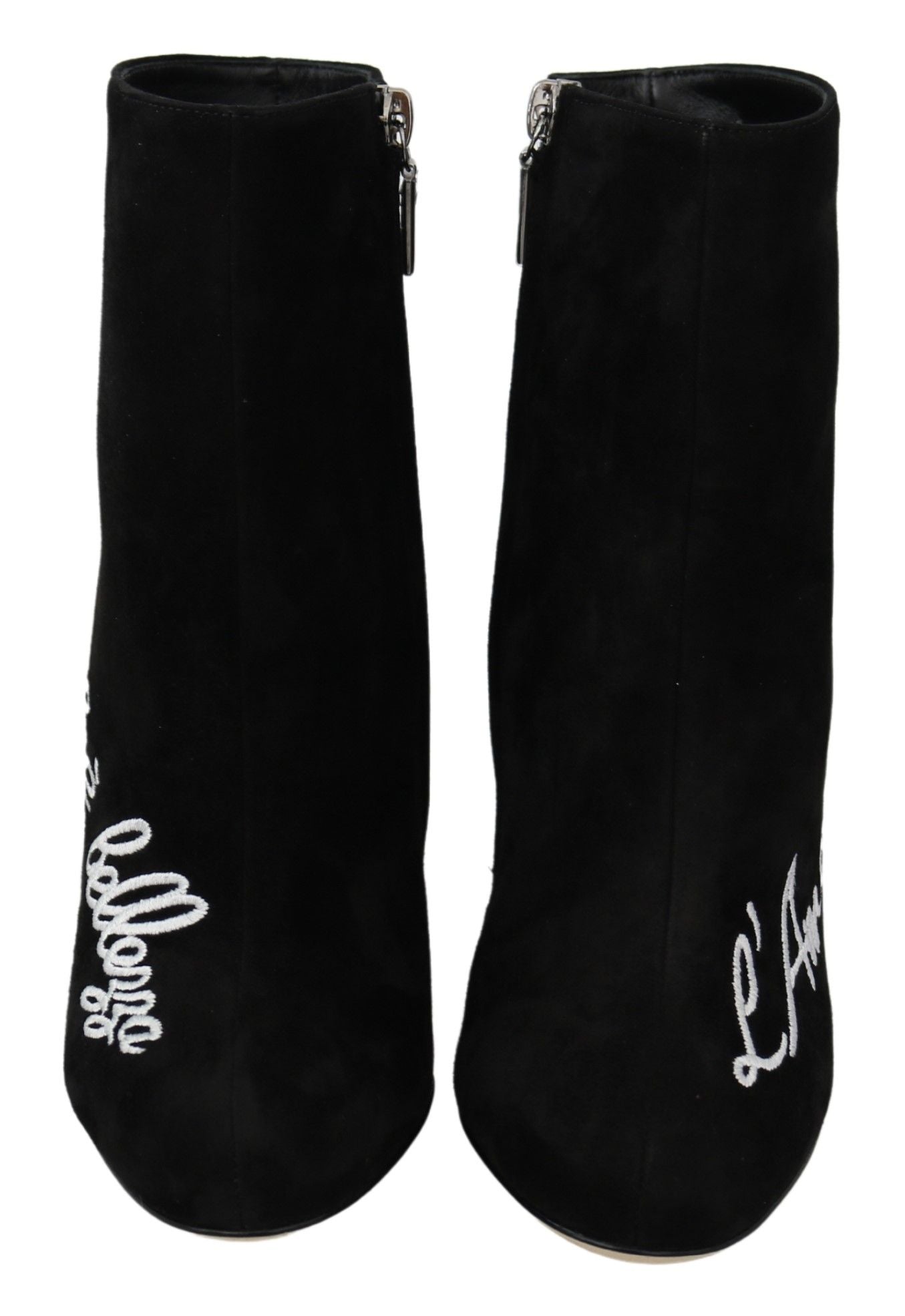 Pair of black velvet boots with white embroidery on top
