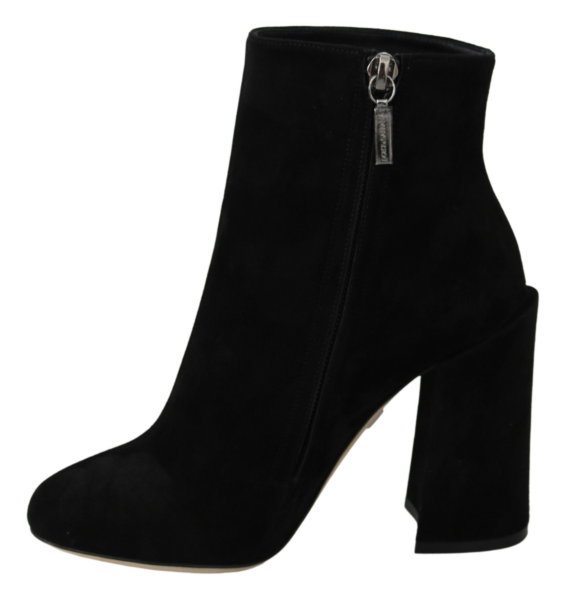 Black suede ankle boot with zipper detail and chunky heel