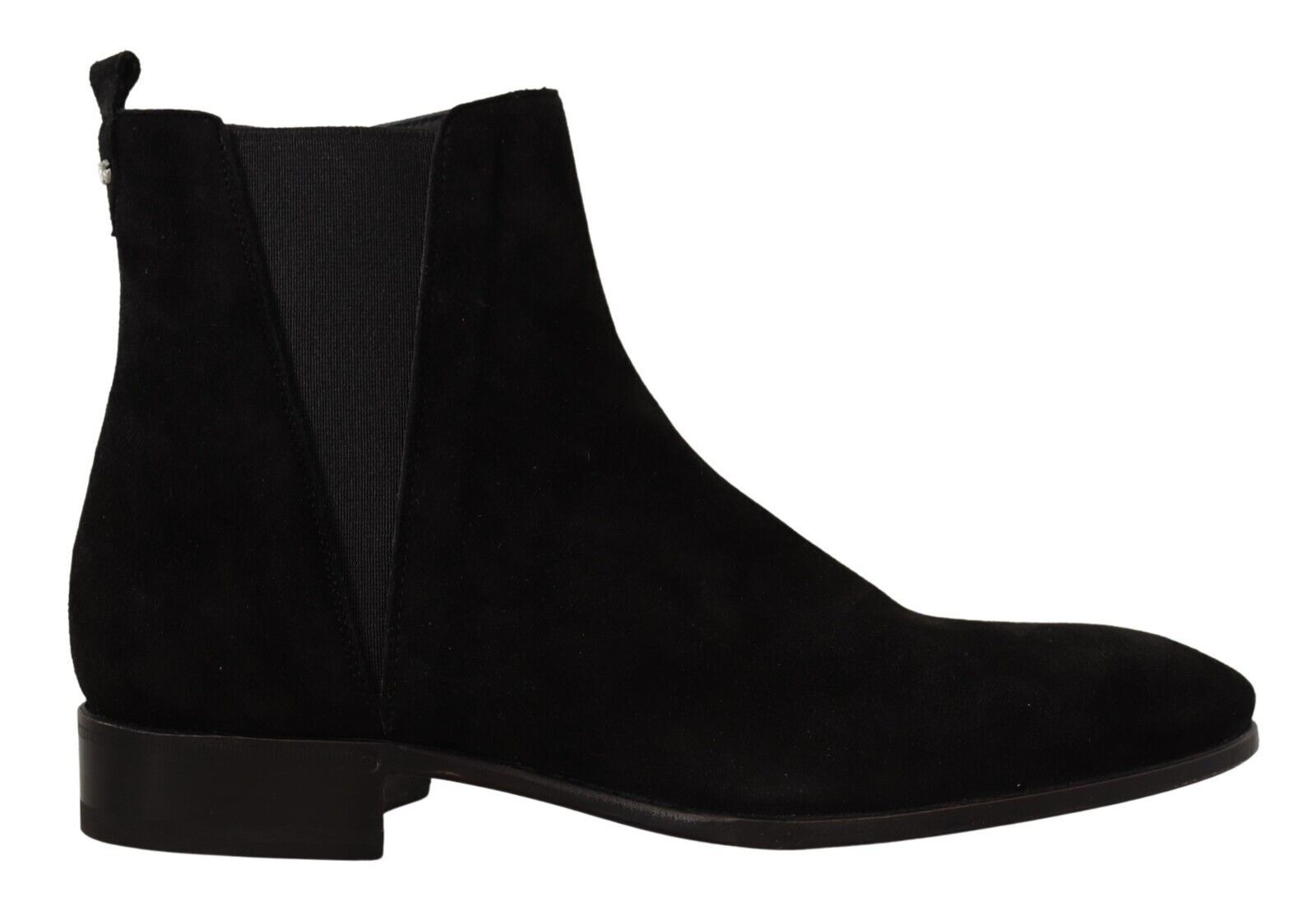 Black suede ankle boot with elastic panels and a chunky heel