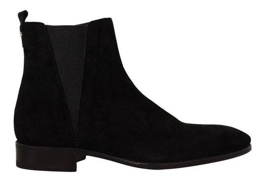 Black suede ankle boot with elastic panels and a chunky heel