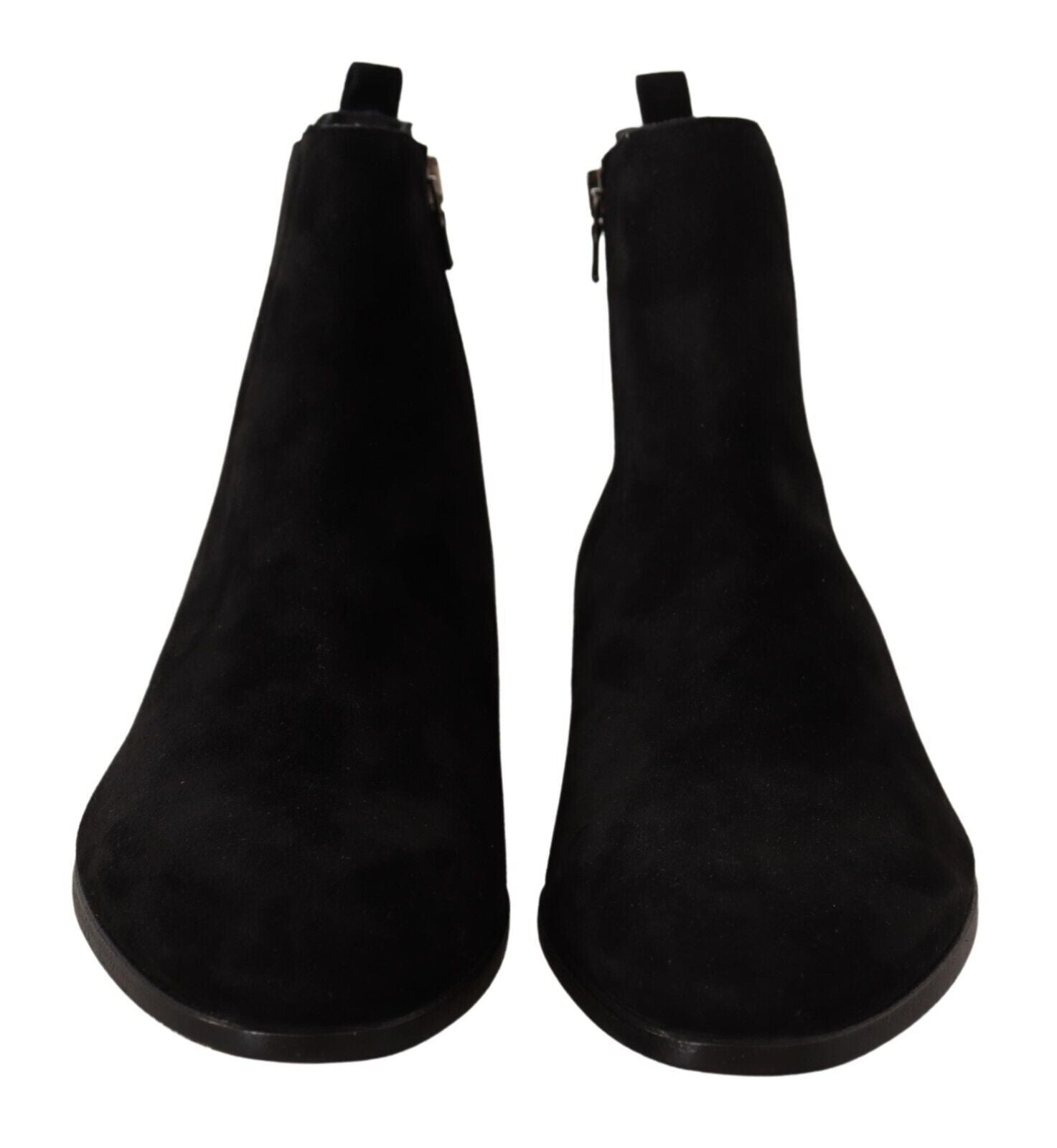 Pair of black knee high boots with elastic panels and a zipper on top
