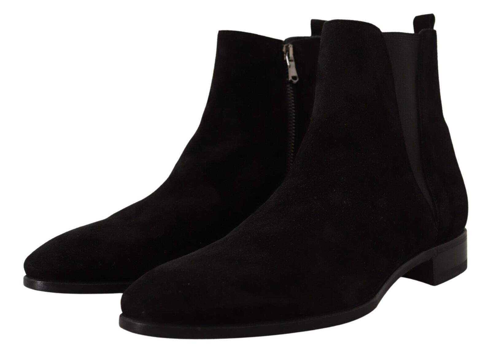 Pair of black suede boots with zipper detailing and elastic panels for ease of wear