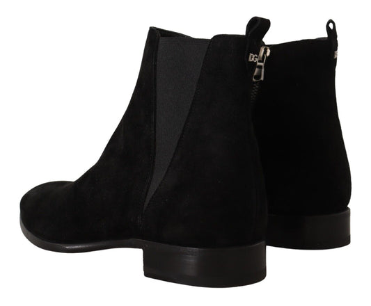 Pair of black suede boots with zipper detailing and chunky heels