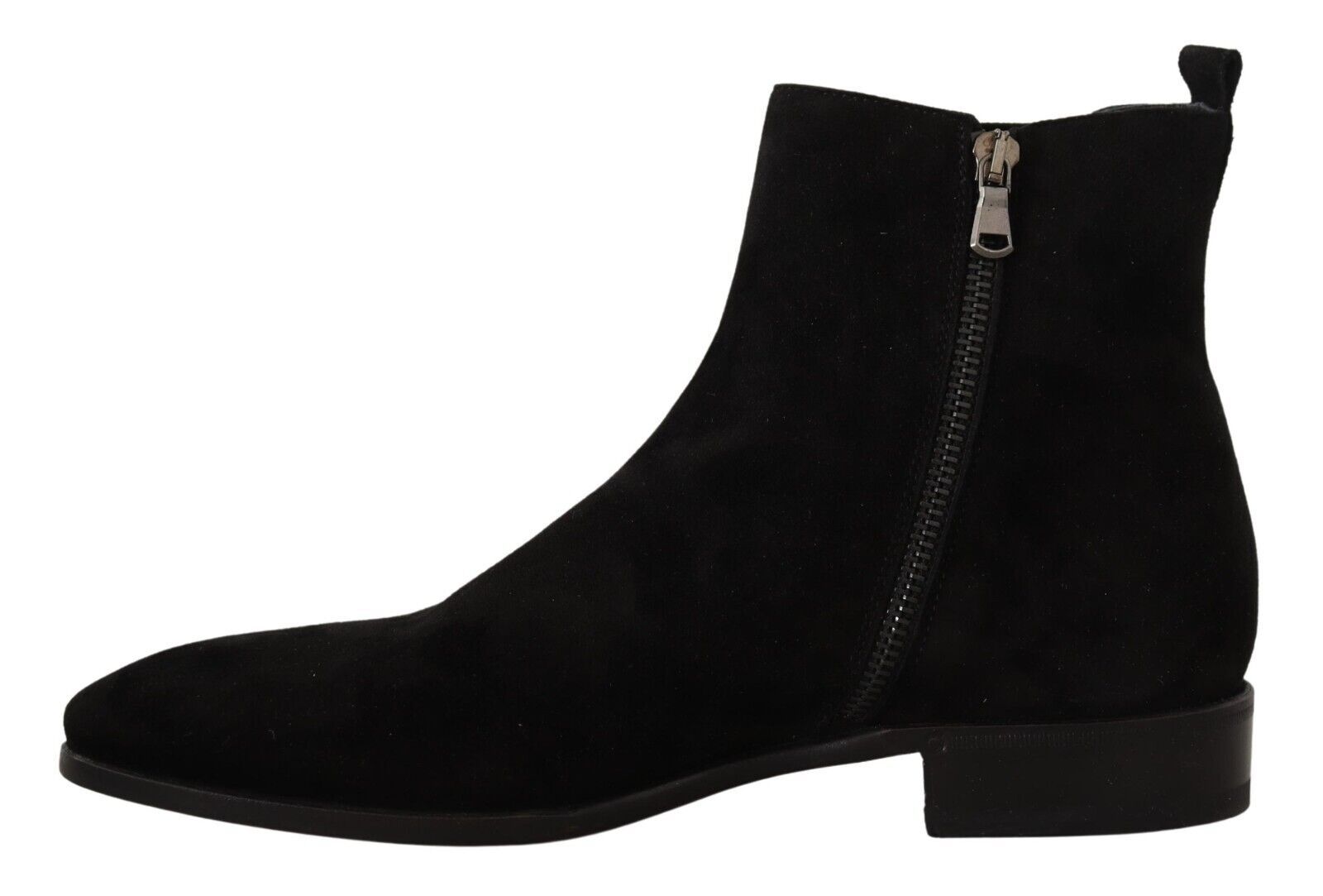Pair of black suede boots with zipper on side and back