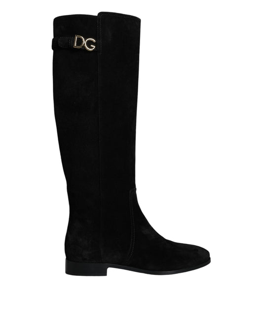Black knee high boot with gold buckle