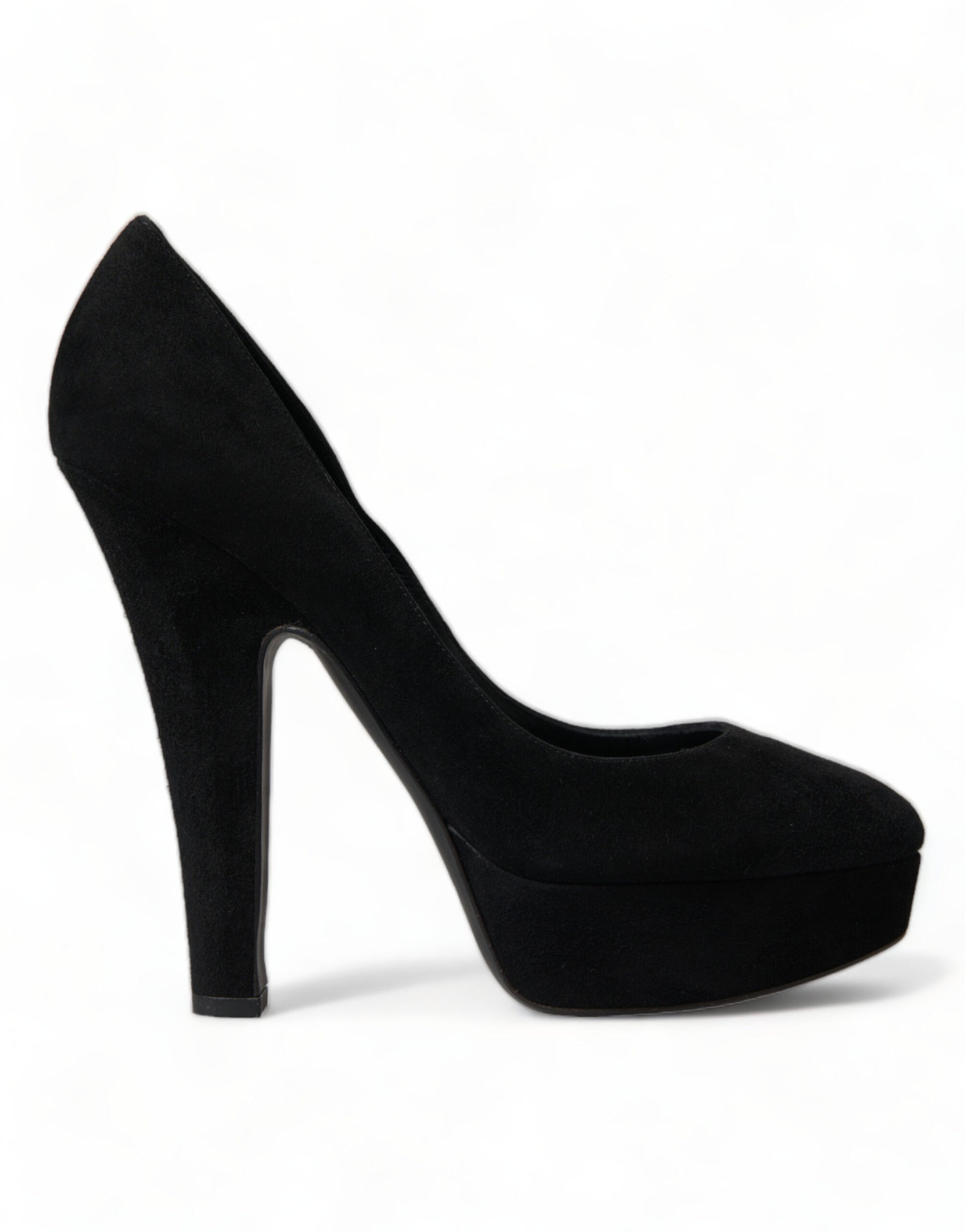 Black high heel shoe with a stiletto heel and platform sole