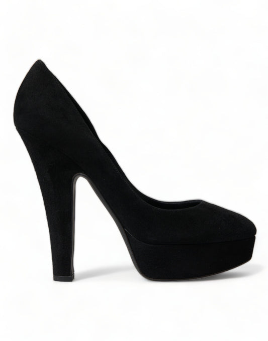 Black high heel shoe with a stiletto heel and platform sole