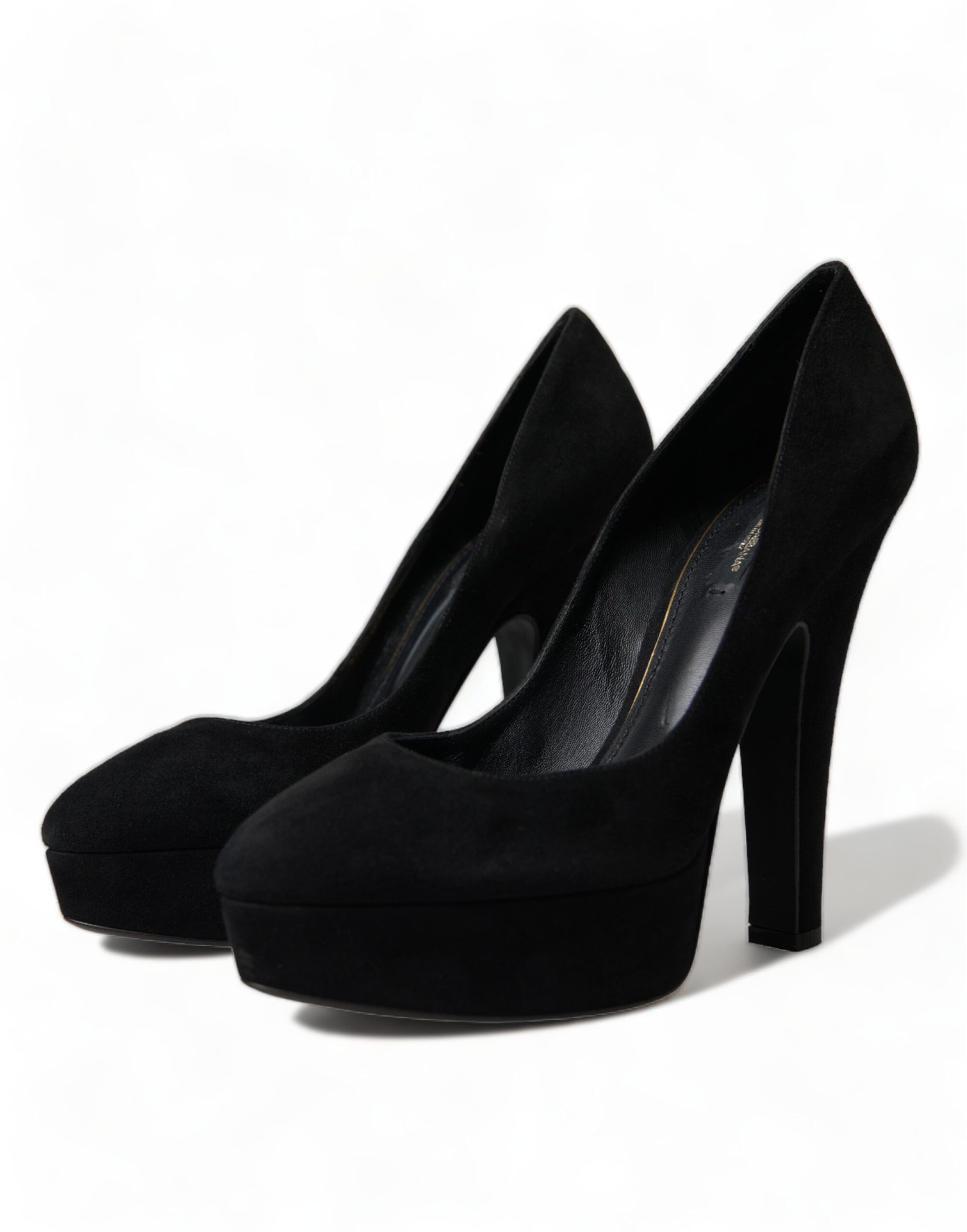 Pair of black high heel shoes with a stiletto heel and platform sole