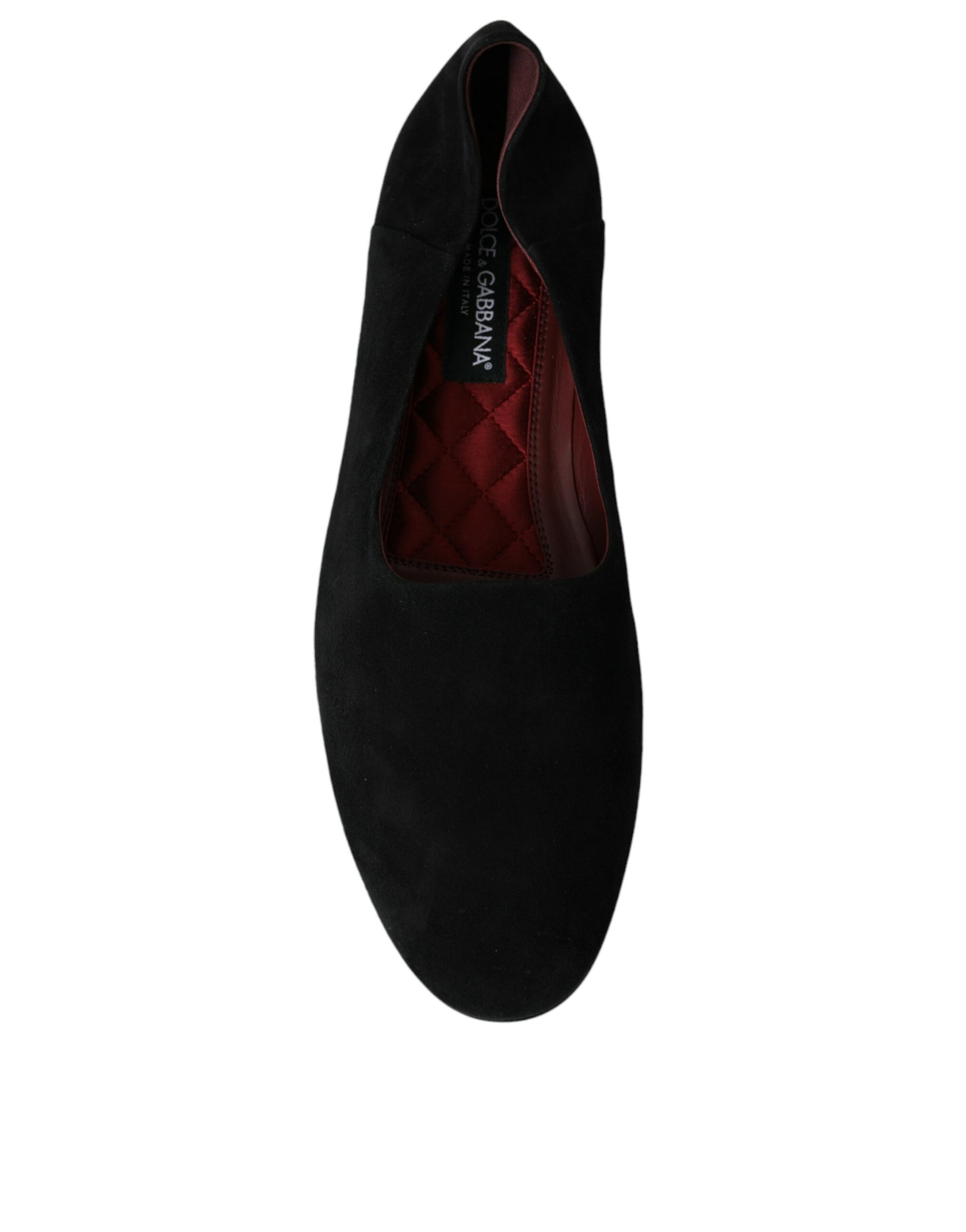 Black velvet loafer with red interior and a small heel