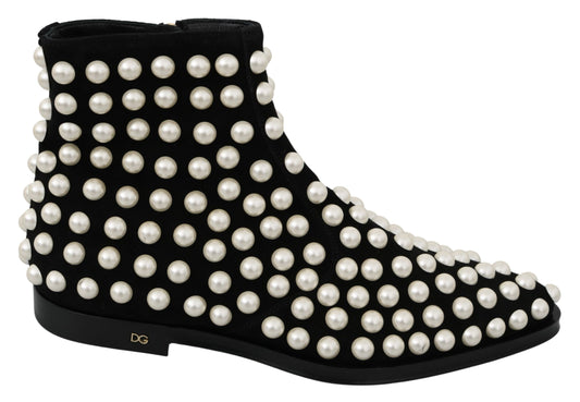 Black boot with pearls on top