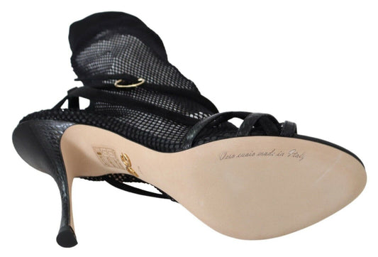 High heel shoe with a strap over the foot and an embossed logo on the insole