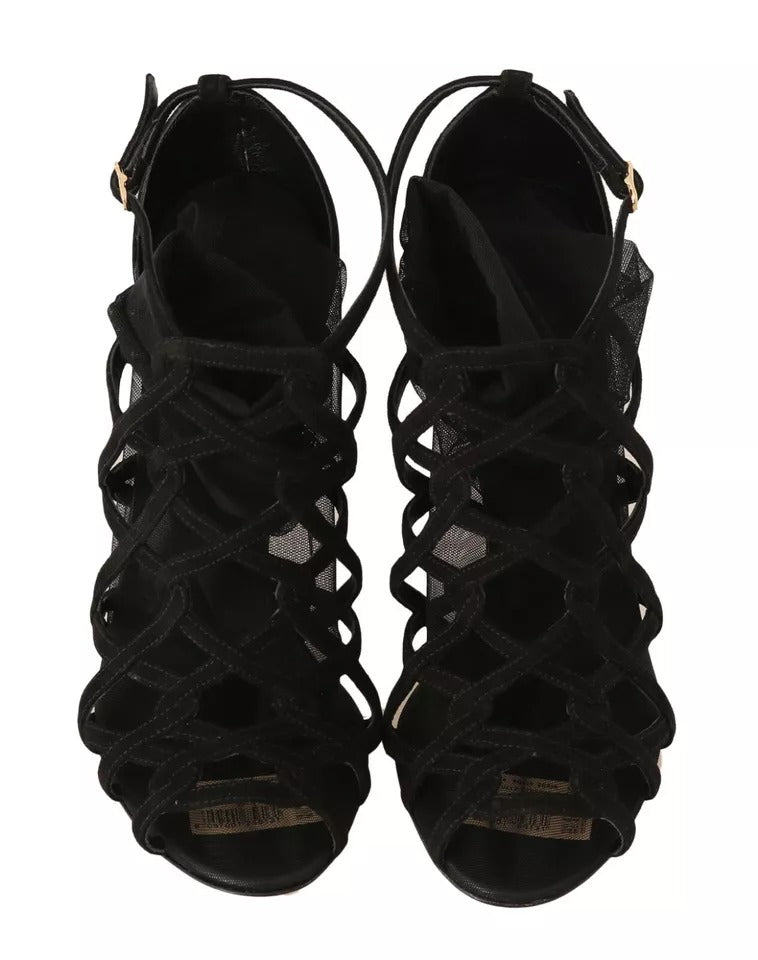 Pair of black high heel shoes with straps