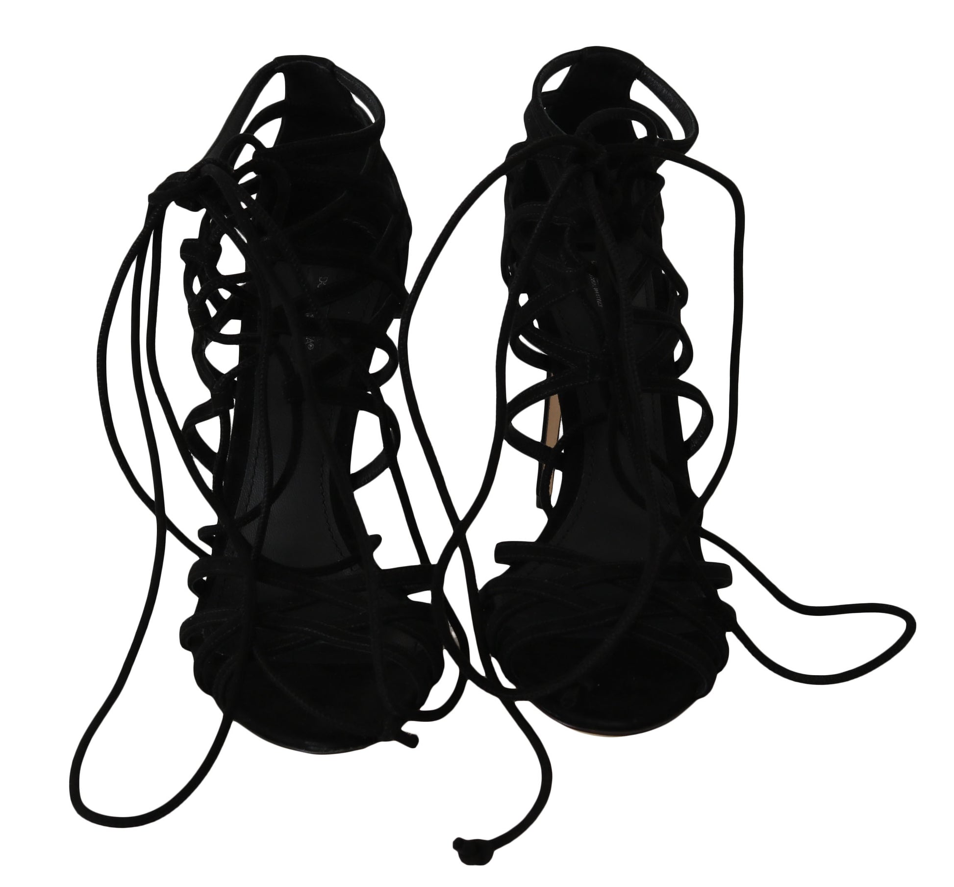 Pair of black high heel shoes with laces and ties