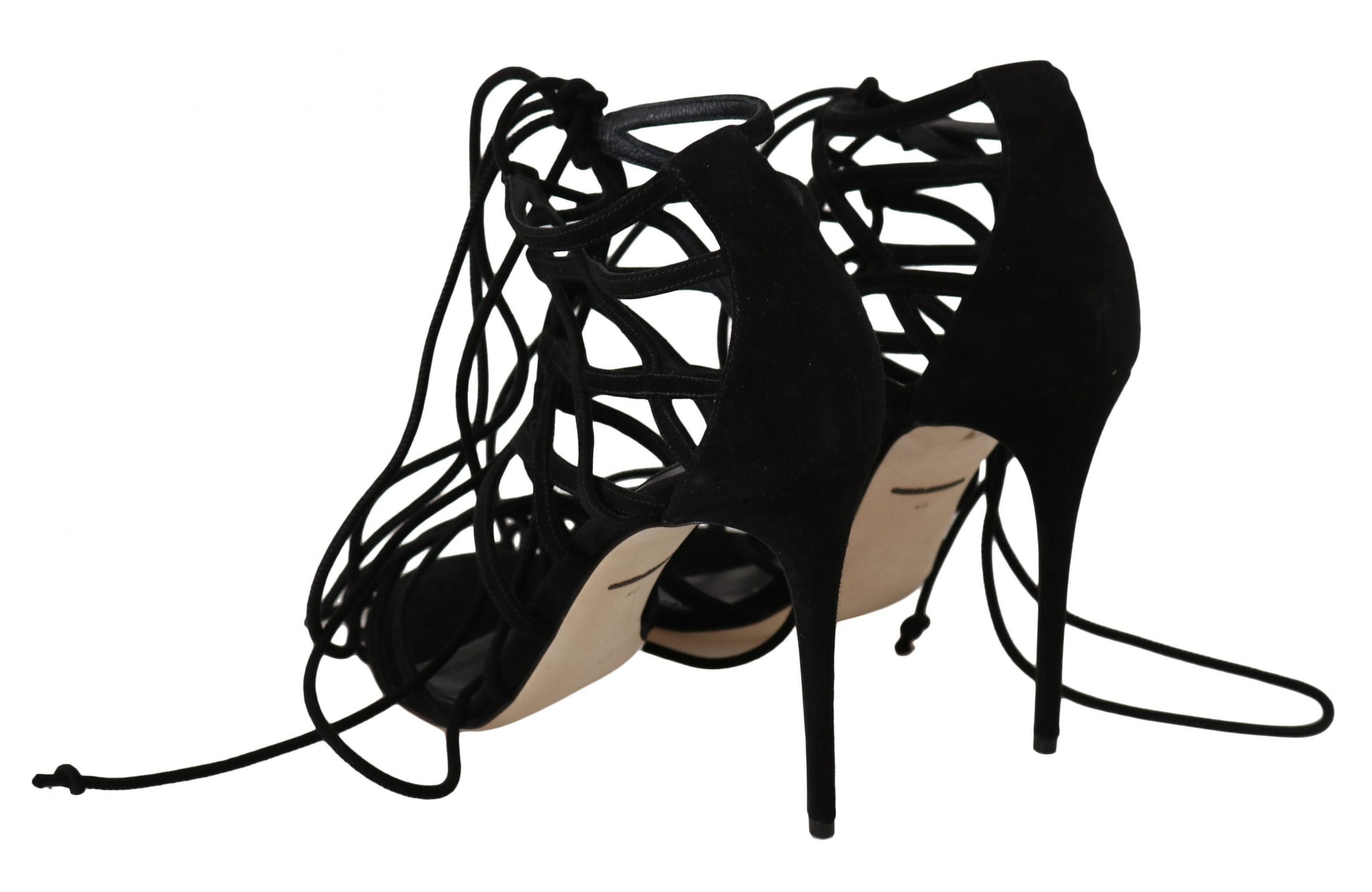 Black high heel shoes with ankle straps and a bow on top