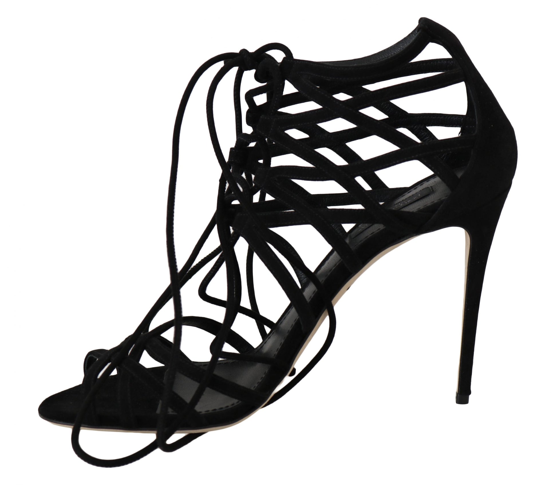 Black high heel ankle strap sandal with intricate design and lace detailing
