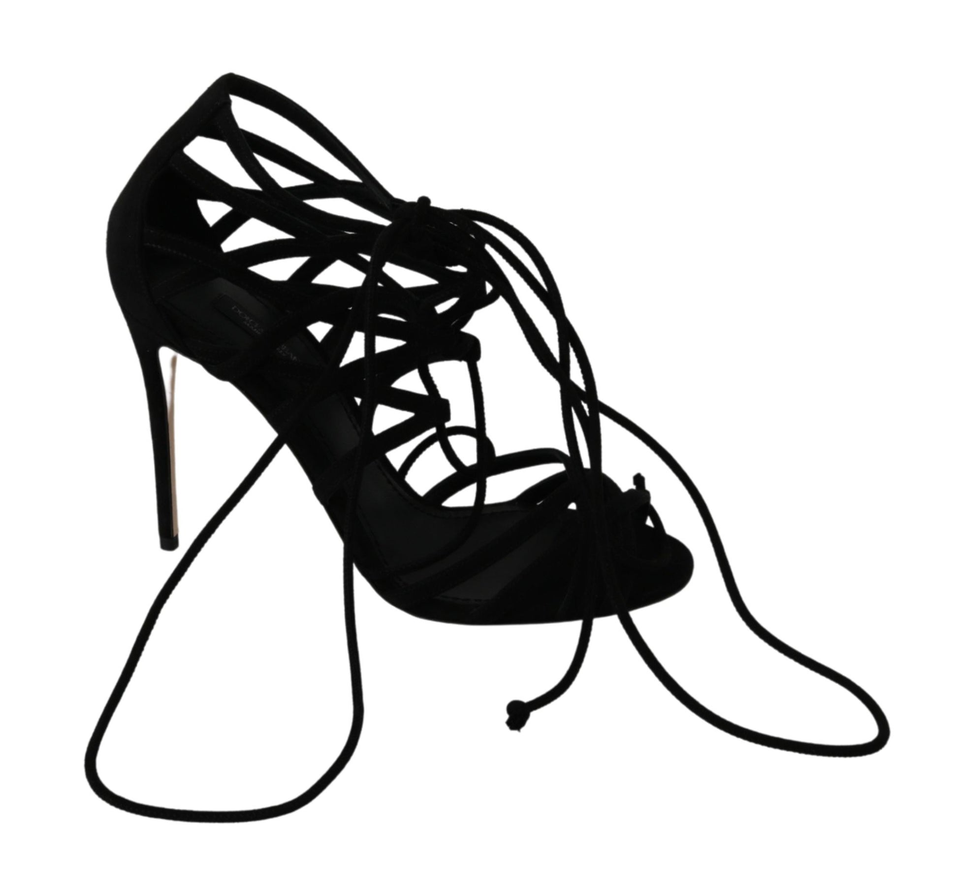 Black high heel shoe with lace detailing and a bow on top