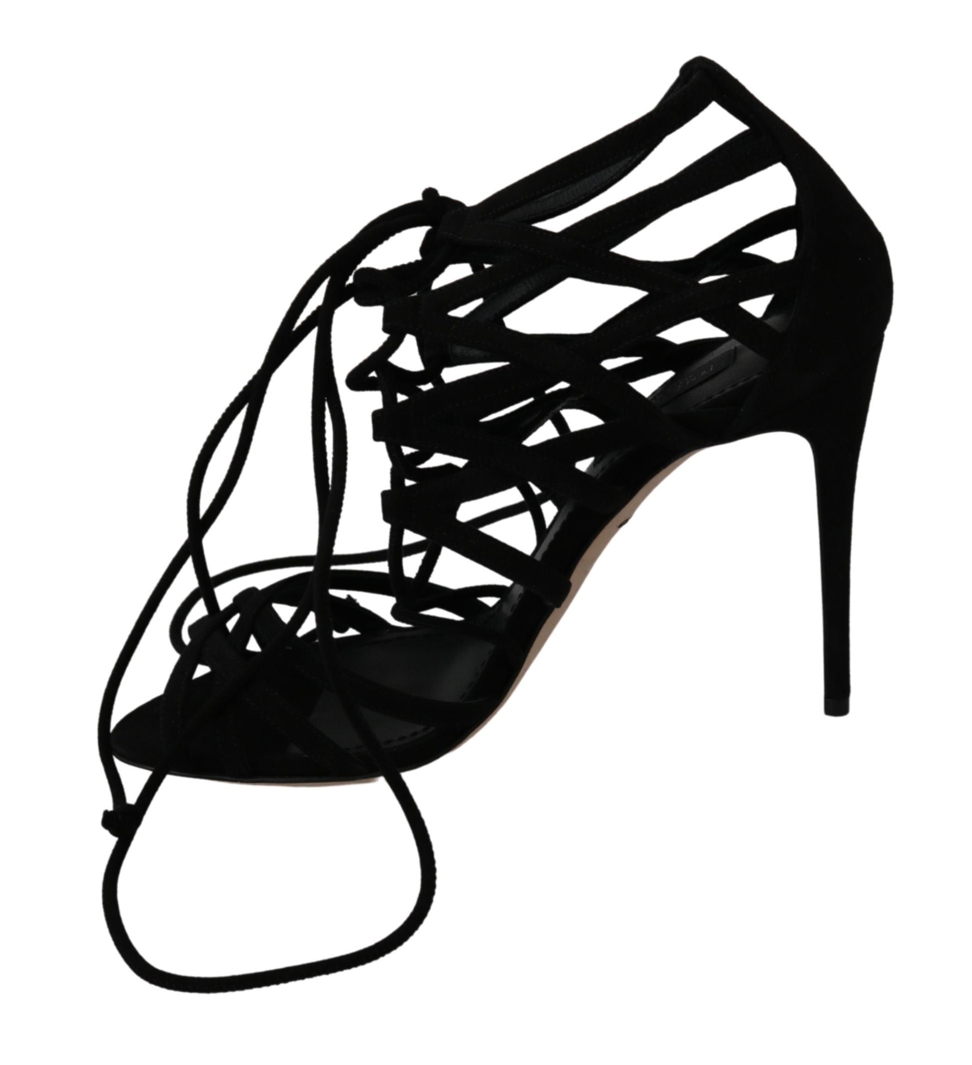 Black high heel shoe with lace detailing and ankle strap