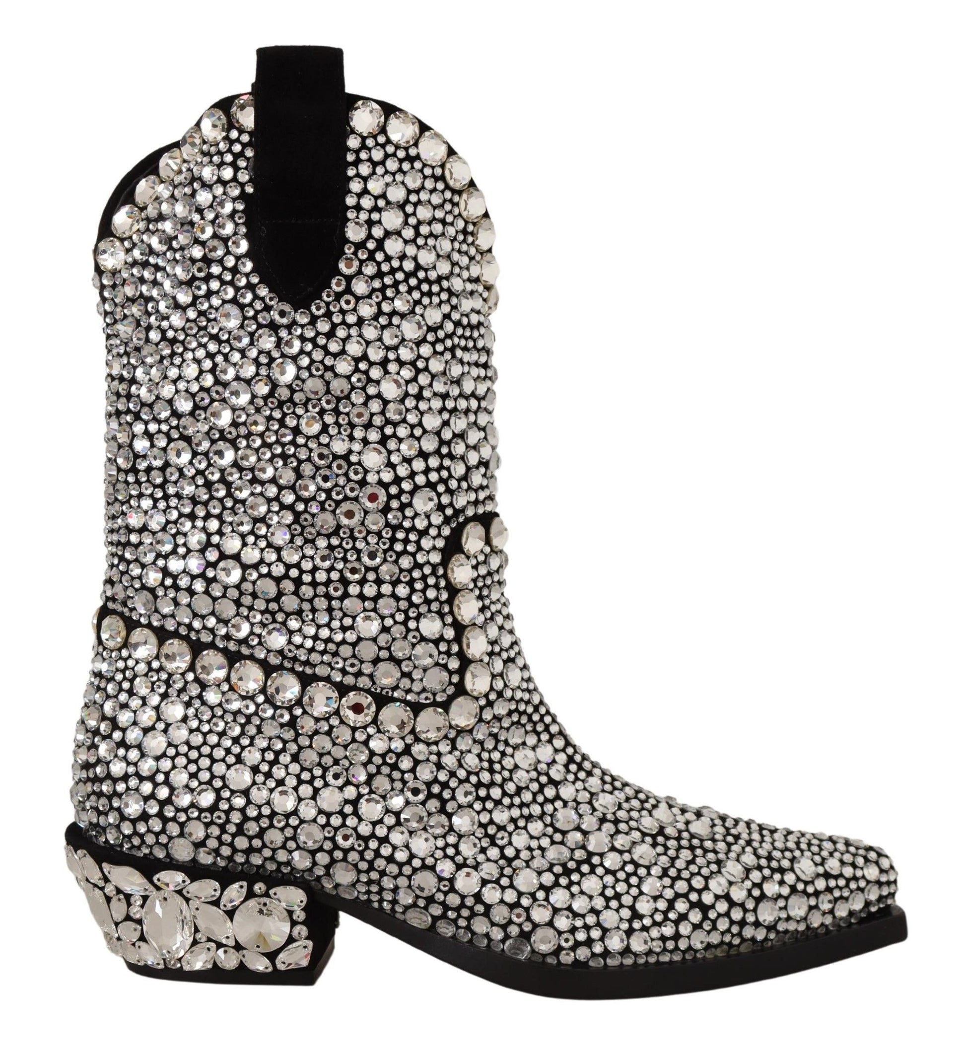 Shiny silver studded cowboy boot with black heel and toe