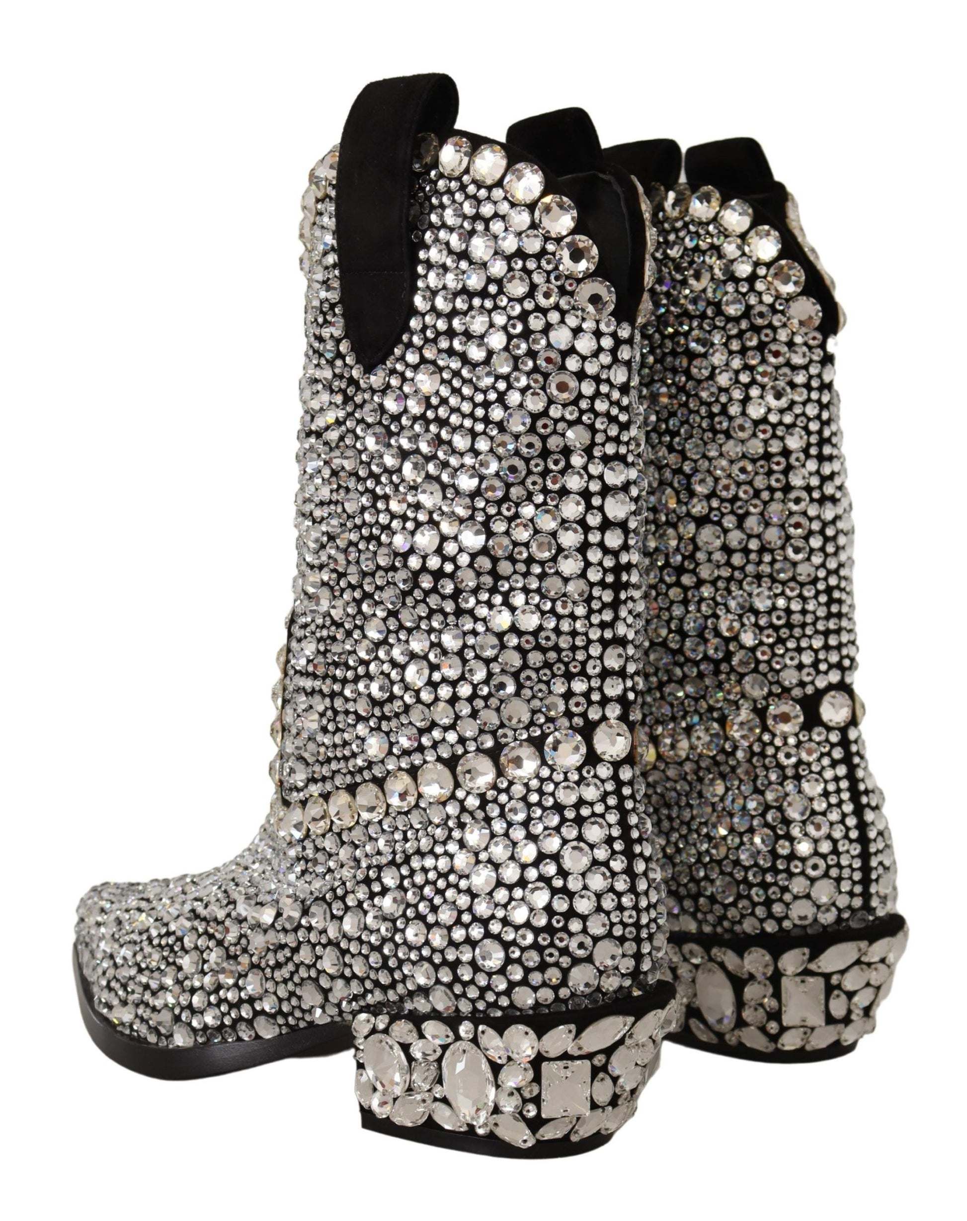 Shiny silver boots with rhinestones and black trim