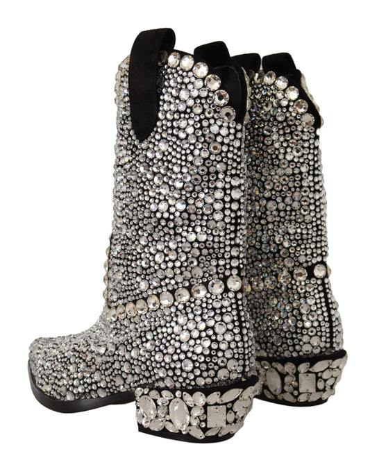 Shiny silver boots with rhinestones and black trim