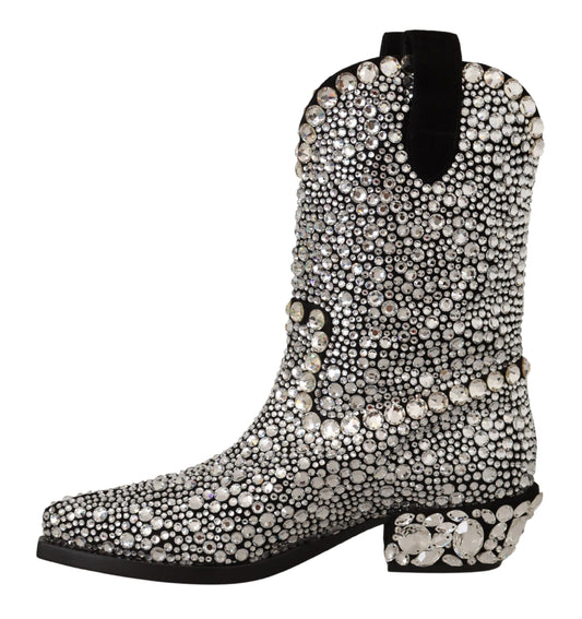Shiny silver sequin cowboy boot with black heel and toe