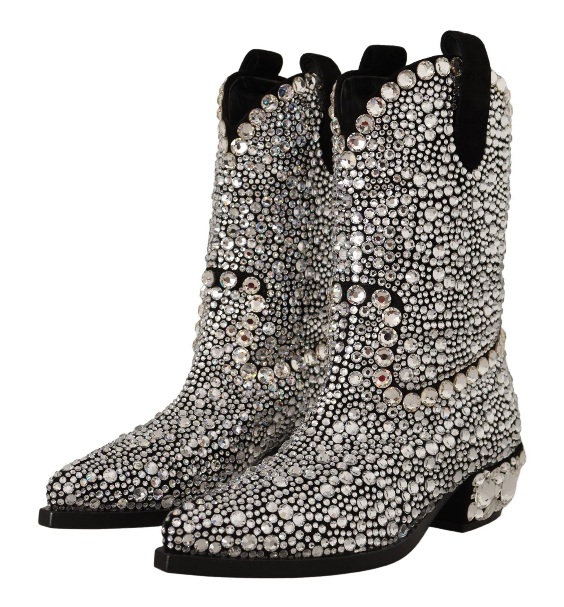 Silver studded cowboy boot with black stitching and heel