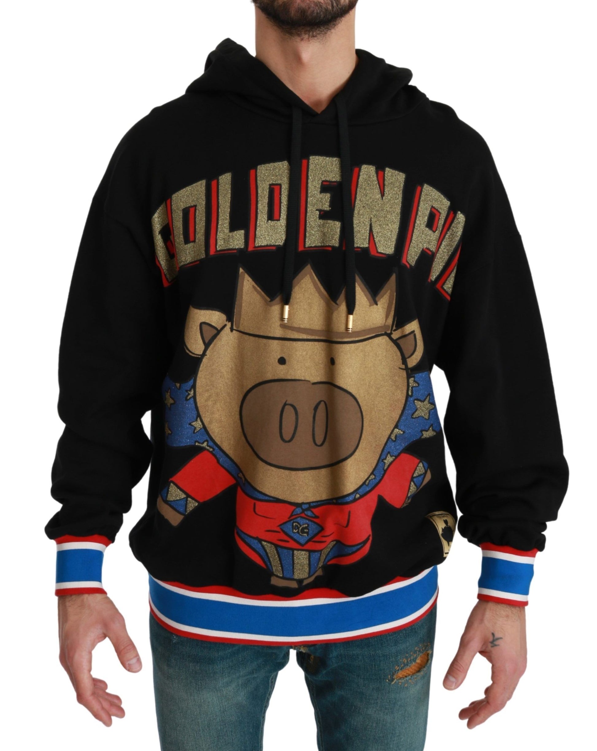 Man wearing hoodie with cartoon pig on front