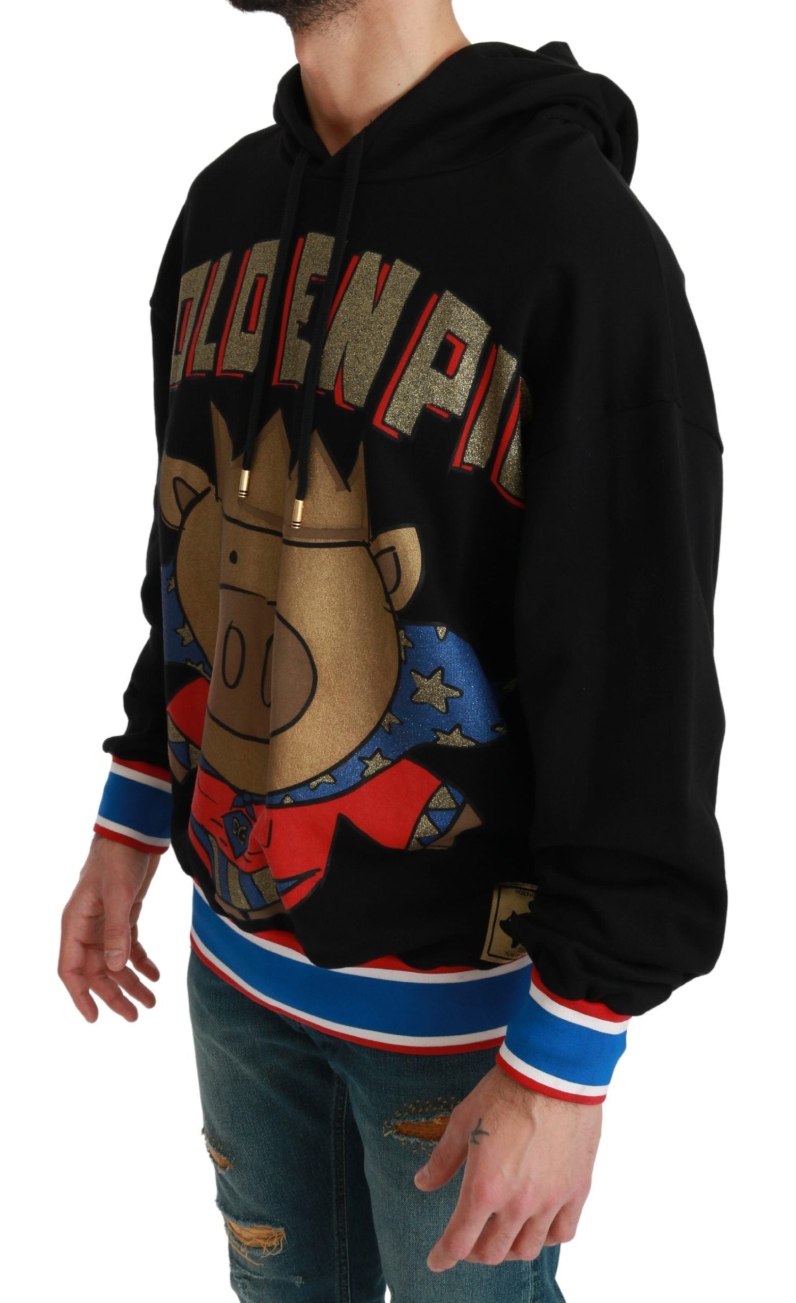 Man wearing a hoodie with cartoon character on front