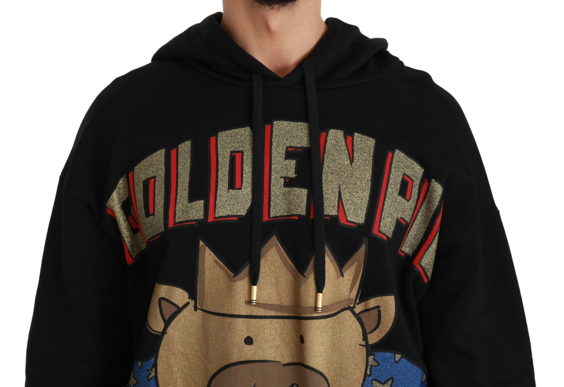 Black hoodie with gold glittery lettering and crown graphic