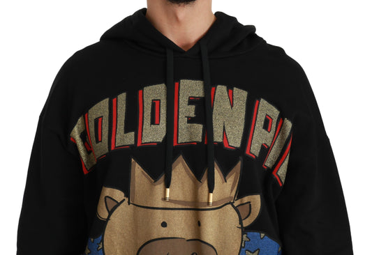 Black hoodie with gold glittery lettering and crown graphic