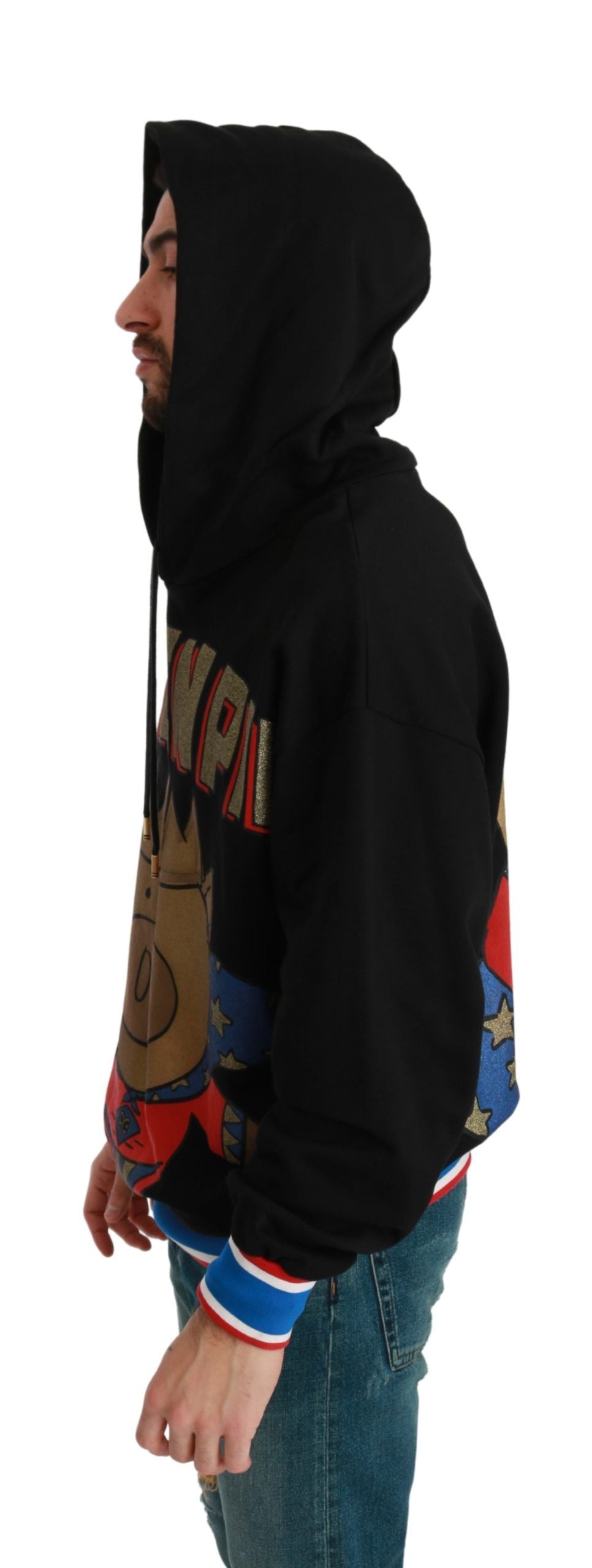 Man wearing hoodie with graphic design on front