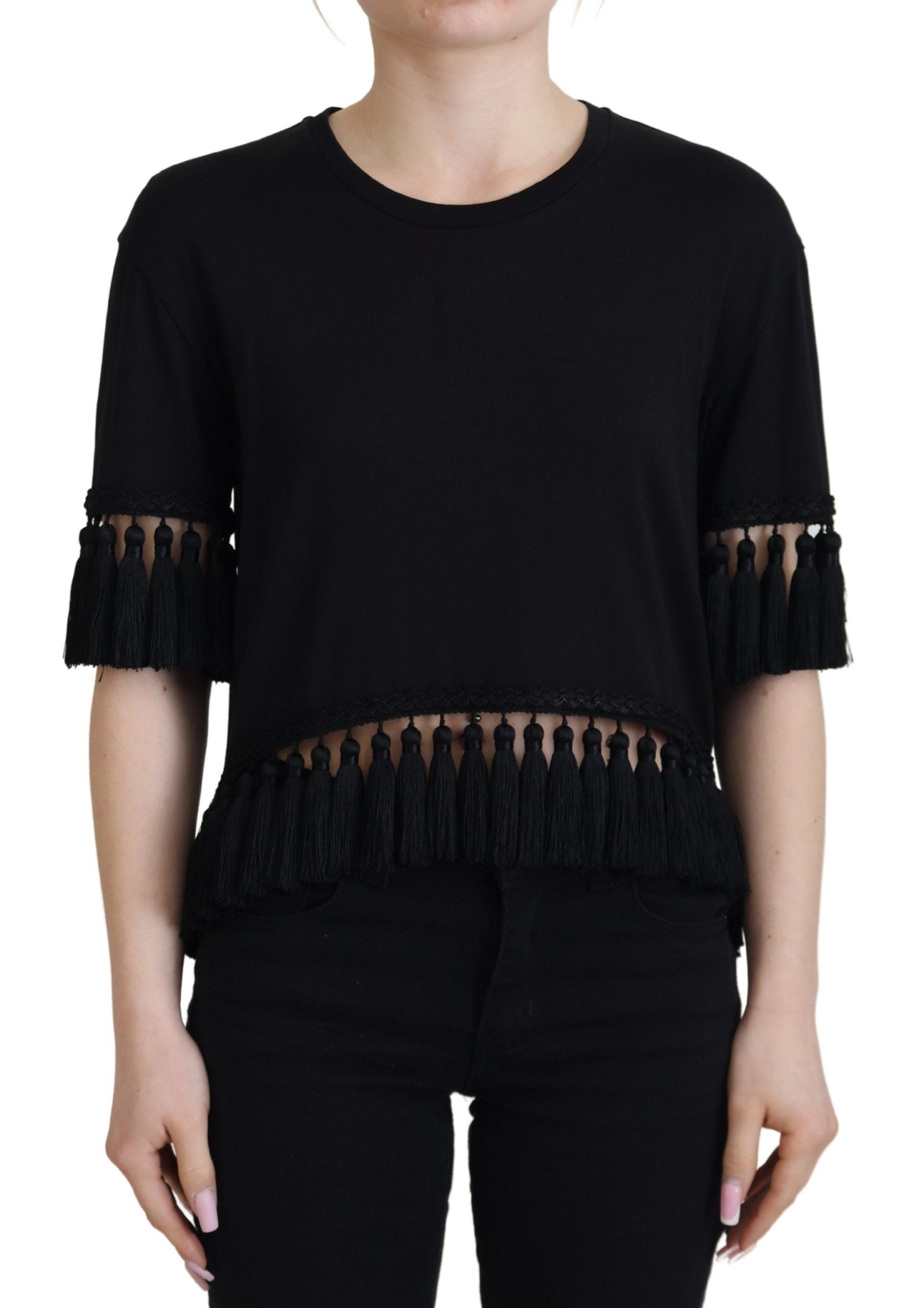 Black long sleeve shirt with fringe detailing on front