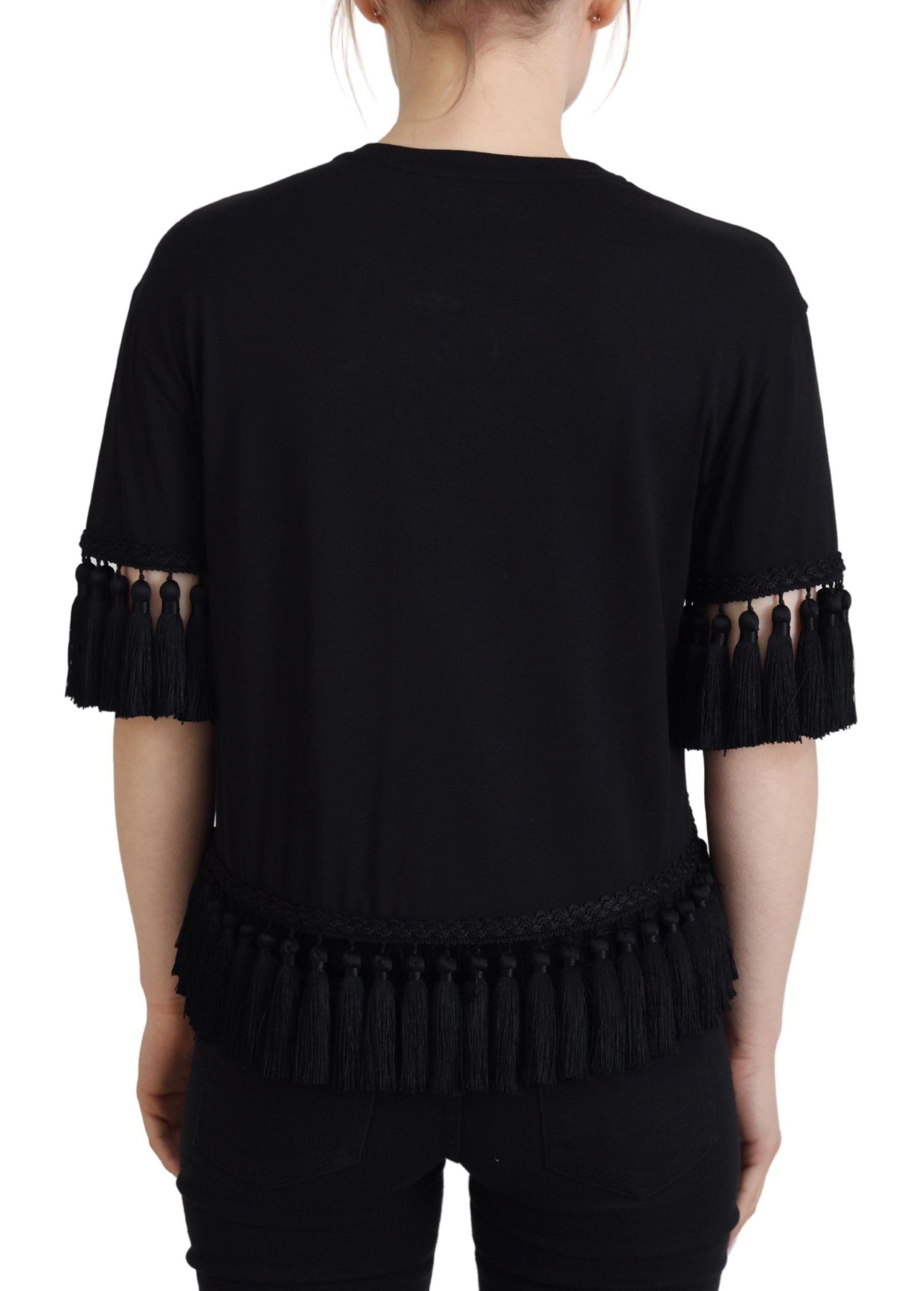 Black shirt with fringe detailing on back