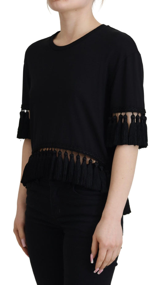 Black short sleeve shirt with fringe detailing